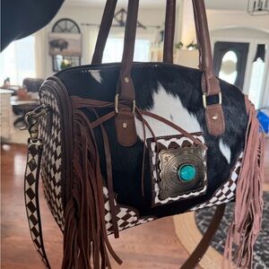 Fringed Cowhide Satchel Bag with Turquoise Concho - Brown & Black